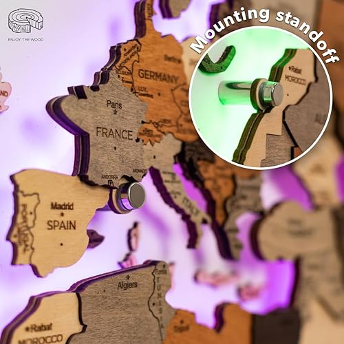 Enjoy The Wood 3D LED 3.0 Wood World Map Wall Art Modern Home Decor Gifts LED Lighting Wall Decor Housewarming Gift Idea Travel Wooden Maps Pinboard with Backlighting (Wall Art)