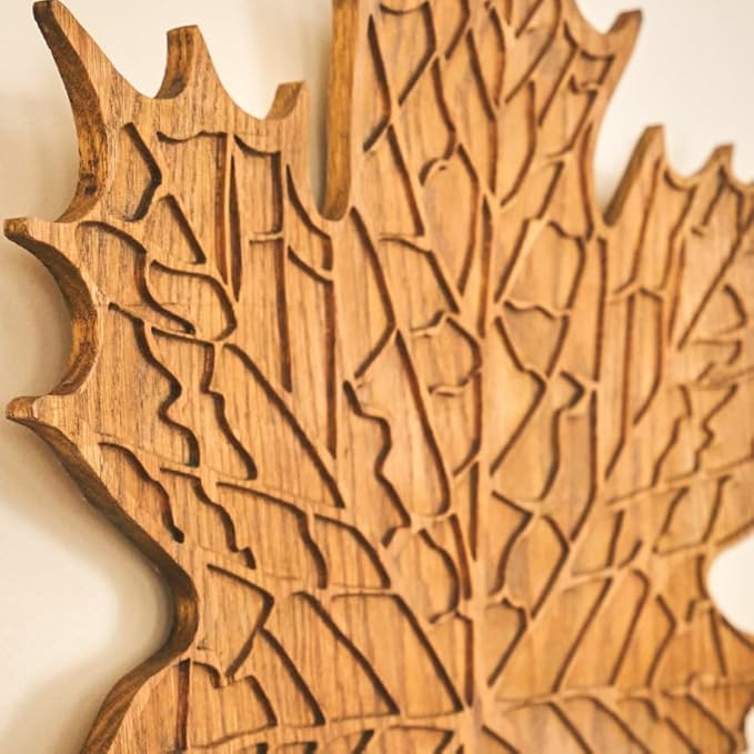 NEODECO Maple Leaf 3D Carved Wood Wall Art, Rustic Solid Oak Wall Decor, Wooden Wall Sculpture (Small)