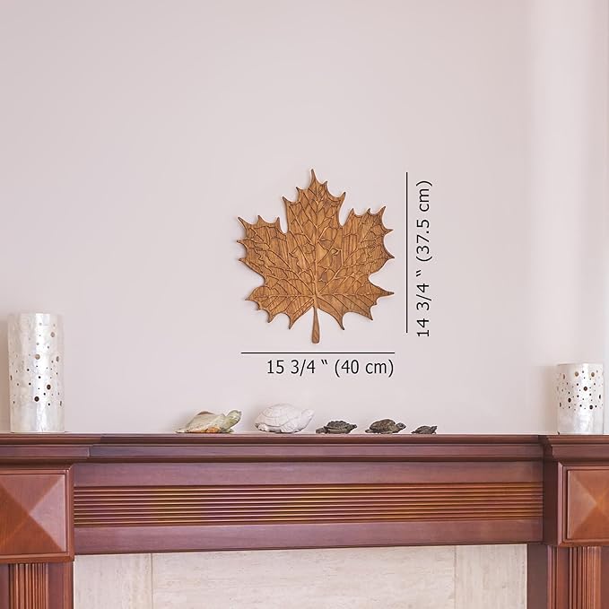 NEODECO Maple Leaf 3D Carved Wood Wall Art, Rustic Solid Oak Wall Decor, Wooden Wall Sculpture (Small)