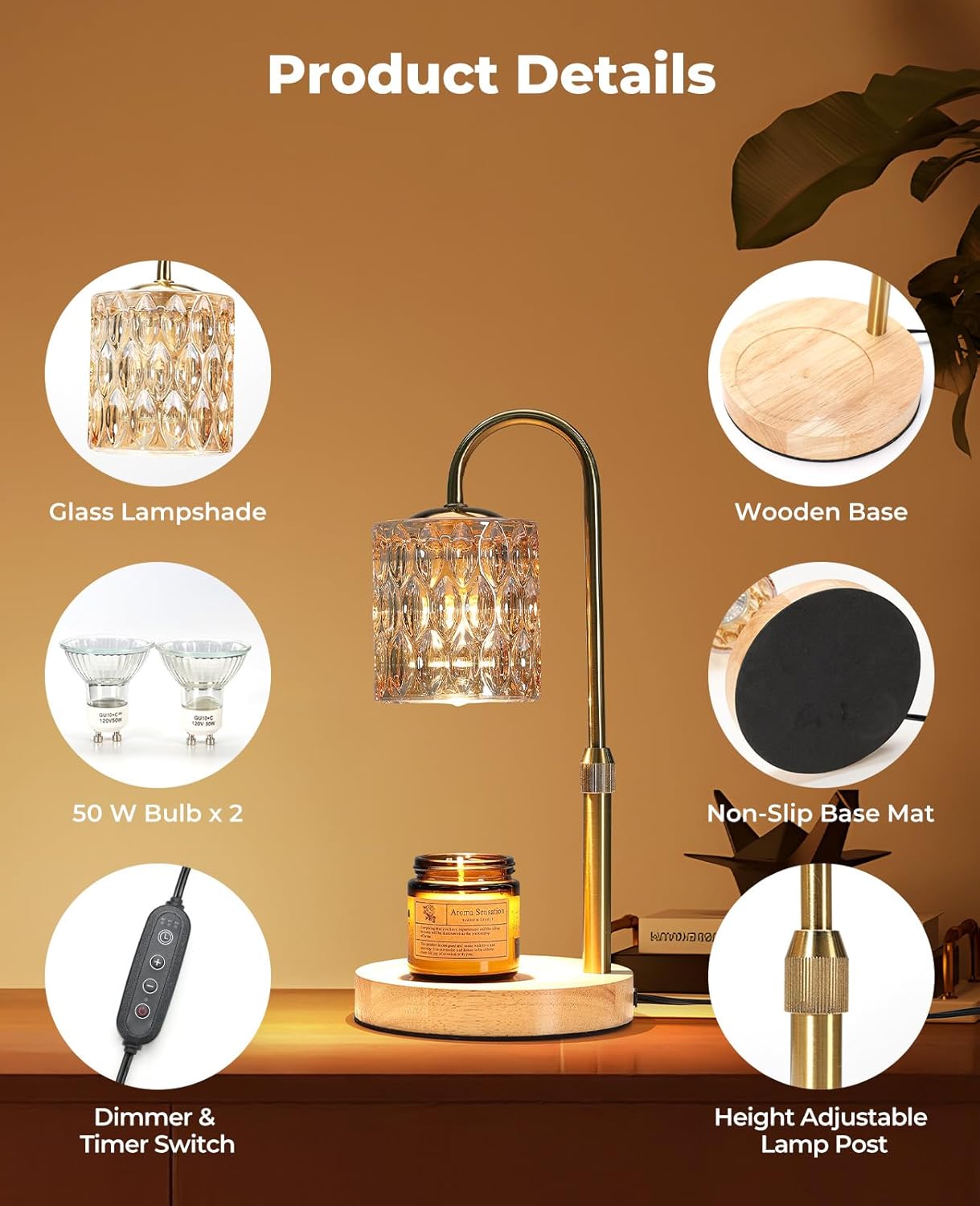 Candle Warmer Lamp, Candle Warmer with Timer and Dimmer, Adjustable Height Electric Candles Lamp with 2 Bulbs for Scented Jar, Wax Melter Lamp for Home Decor, Gifts for Women
