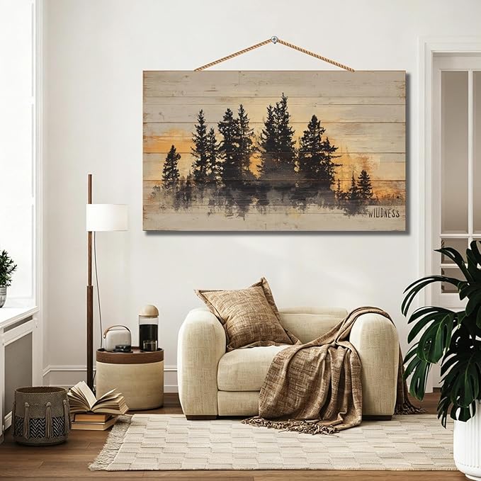 Personalized Custom Wooden Wall Art - Rustic Pine Forest Sunset Landscape Painting on Wood Planks - Nature Inspired Home Decor for Living Room, Bedroom, Office, Gift Idea(Style C)