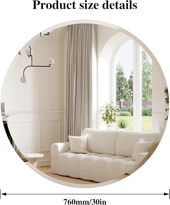 ANYHI 30 Inch Round Frameless Mirror, Beveled Edge, Wall Mounted, Modern Home Mirror for Bathroom Bedroom Living Room