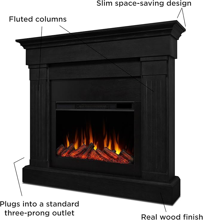 Real Flame Crawford 48" Slim Indoor Electric Fireplace with Mantel for Living Room or Bedroom, Replaceable Fireplace Insert Heater, Realistic Log and Flame Effect, Remote Control, Timer.