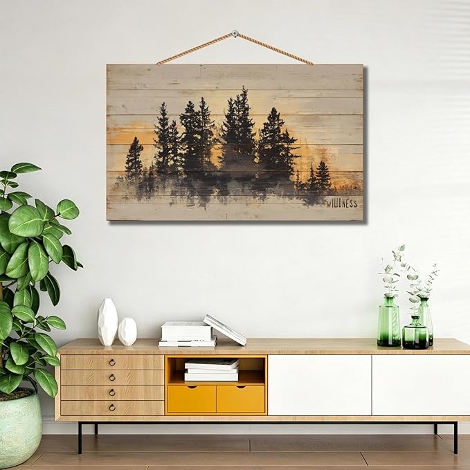 Personalized Custom Wooden Wall Art - Rustic Pine Forest Sunset Landscape Painting on Wood Planks - Nature Inspired Home Decor for Living Room, Bedroom, Office, Gift Idea(Style C)