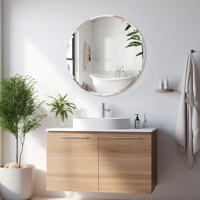 ANYHI 30 Inch Round Frameless Mirror, Beveled Edge, Wall Mounted, Modern Home Mirror for Bathroom Bedroom Living Room