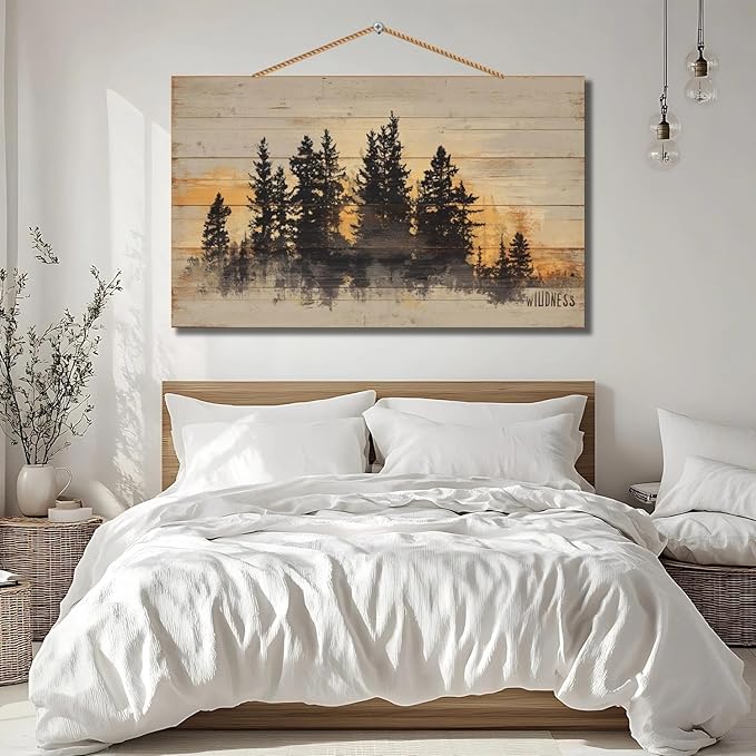 Personalized Custom Wooden Wall Art - Rustic Pine Forest Sunset Landscape Painting on Wood Planks - Nature Inspired Home Decor for Living Room, Bedroom, Office, Gift Idea(Style C)