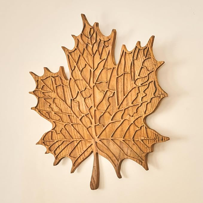 NEODECO Maple Leaf 3D Carved Wood Wall Art, Rustic Solid Oak Wall Decor, Wooden Wall Sculpture (Small)