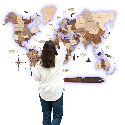 Enjoy The Wood 3D LED 3.0 Wood World Map Wall Art Modern Home Decor Gifts LED Lighting Wall Decor Housewarming Gift Idea Travel Wooden Maps Pinboard with Backlighting (Wall Art)