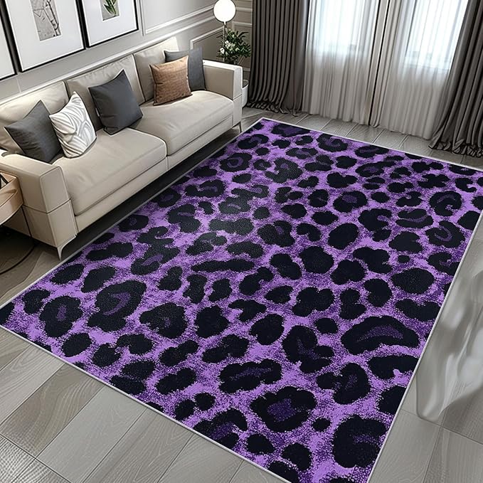 Leopard Print Rug Runner - Purple Leopard Print Carpet 8x10, Cheetah Area Rug Home Decor, Animal Skin Rome Decor & Gifts, Washable Non Slip Non Shedding Stain Resistant Carpet