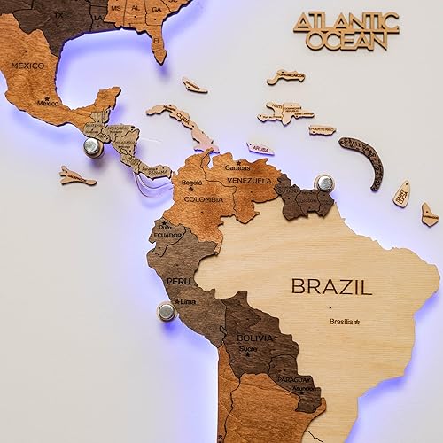 Enjoy The Wood 3D LED 3.0 Wood World Map Wall Art Modern Home Decor Gifts LED Lighting Wall Decor Housewarming Gift Idea Travel Wooden Maps Pinboard with Backlighting (Wall Art)