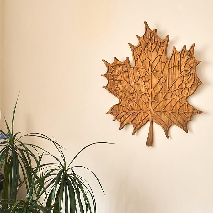NEODECO Maple Leaf 3D Carved Wood Wall Art, Rustic Solid Oak Wall Decor, Wooden Wall Sculpture (Small)