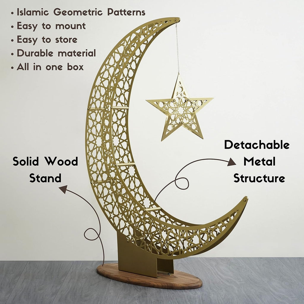 Metal Crescent Moon and Star | Islamic Decoration for Home | Ramadan Decor | Ramadan Mubarak | Eid Gifts | Islamic Wall Art | (67 x 57 cm | 26.4 x 22.5 inches | Medium)