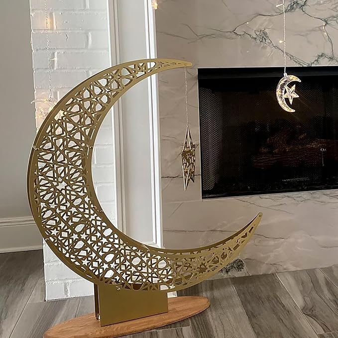 Metal Crescent Moon and Star | Islamic Decoration for Home | Ramadan Decor | Ramadan Mubarak | Eid Gifts | Islamic Wall Art | (67 x 57 cm | 26.4 x 22.5 inches | Medium)
