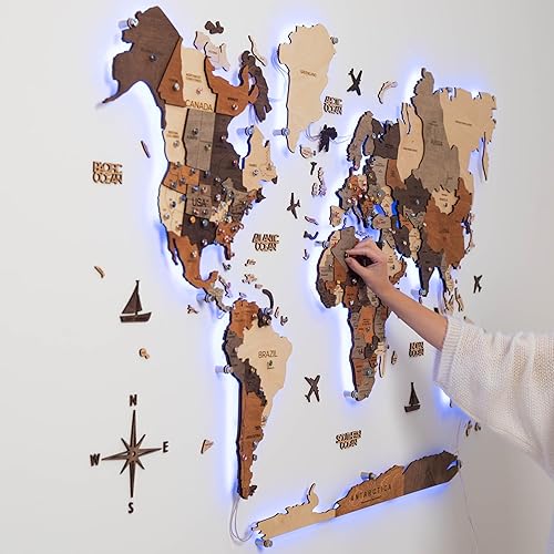 Enjoy The Wood 3D LED 3.0 Wood World Map Wall Art Modern Home Decor Gifts LED Lighting Wall Decor Housewarming Gift Idea Travel Wooden Maps Pinboard with Backlighting (Wall Art)