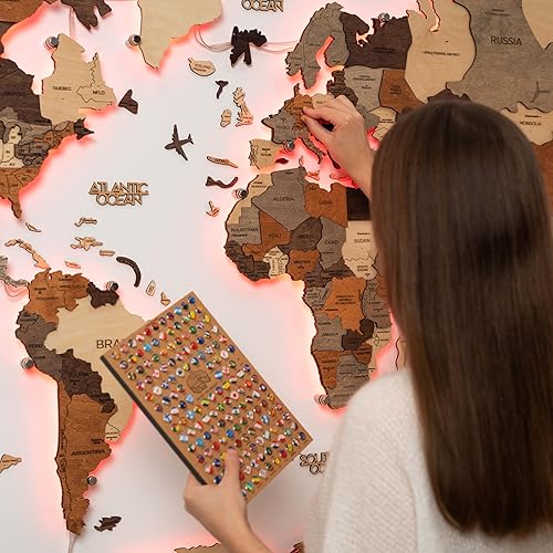 Enjoy The Wood 3D LED 3.0 Wood World Map Wall Art Modern Home Decor Gifts LED Lighting Wall Decor Housewarming Gift Idea Travel Wooden Maps Pinboard with Backlighting (Wall Art)