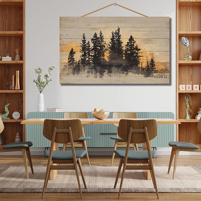 Personalized Custom Wooden Wall Art - Rustic Pine Forest Sunset Landscape Painting on Wood Planks - Nature Inspired Home Decor for Living Room, Bedroom, Office, Gift Idea(Style C)