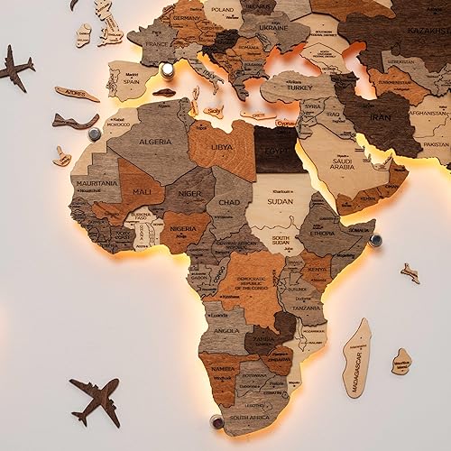 Enjoy The Wood 3D LED 3.0 Wood World Map Wall Art Modern Home Decor Gifts LED Lighting Wall Decor Housewarming Gift Idea Travel Wooden Maps Pinboard with Backlighting (Wall Art)